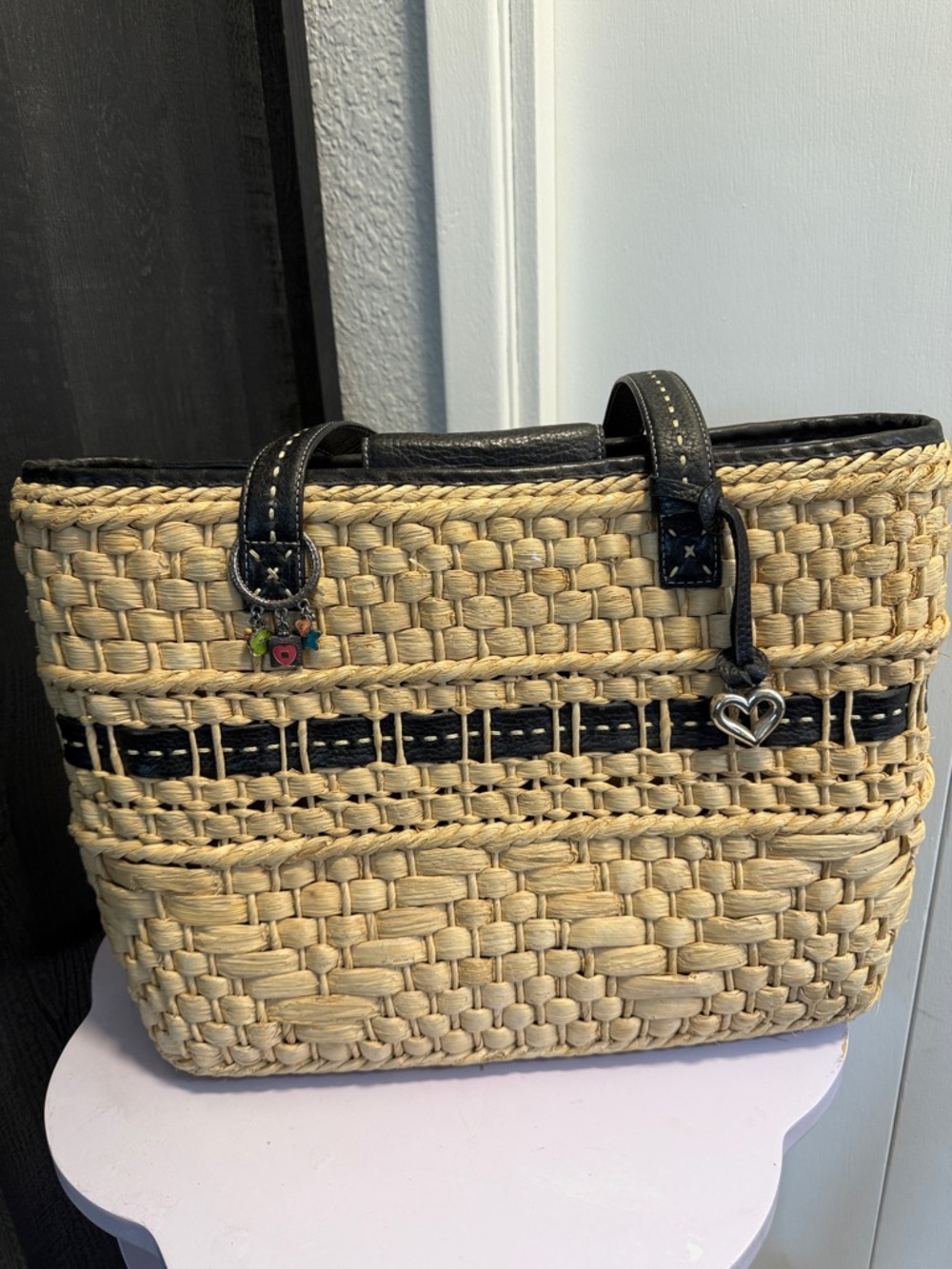 Brighton Natural Woven Tote with Leather Black Trim and Heart Charm